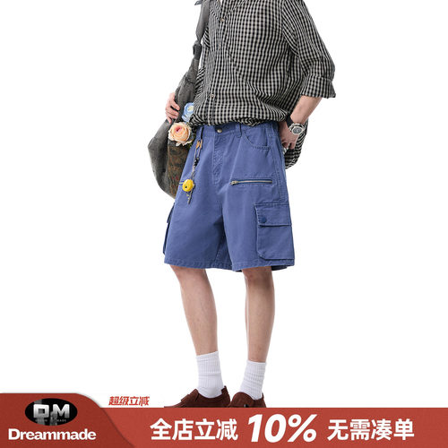 Dream made 美式大口袋法工蓝工装短裤男款夏季直筒男生五分裤子