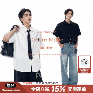 Dream made美式纯棉廓形白色短袖衬衫男夏季休闲宽松男生衬衣外套