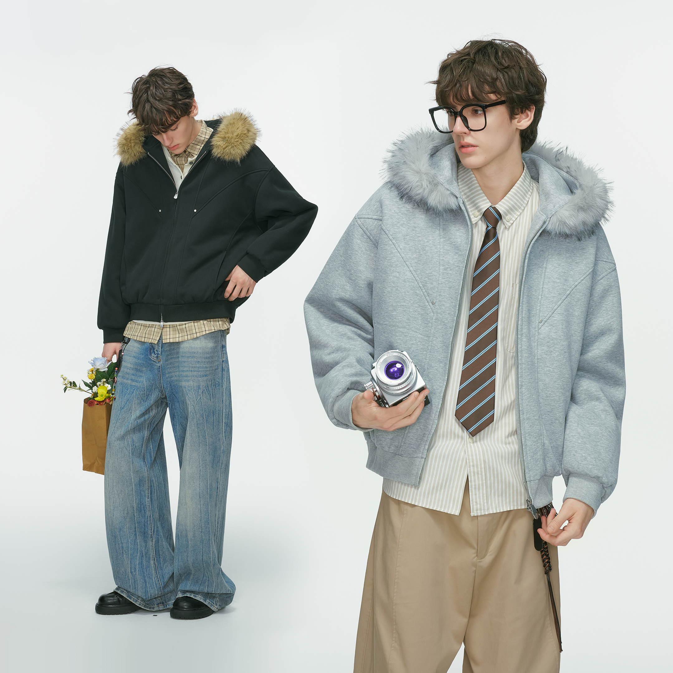 Dream made 美式毛领连帽开衫卫衣男秋冬季cleanfit夹棉加厚外套