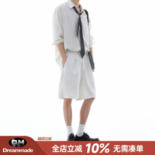Dream made 老钱风亚麻短裤男款夏季套装白色长袖衬衫轻奢两件套
