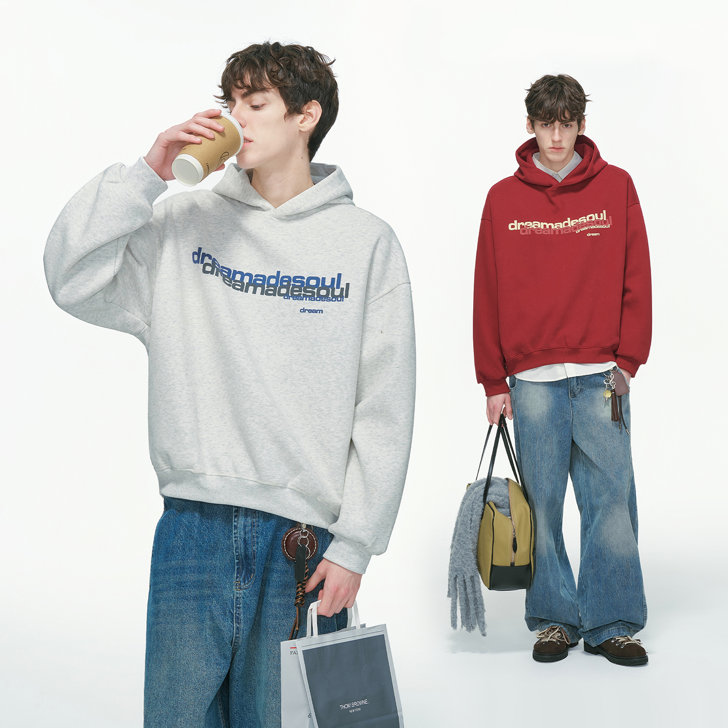 Dream made 美式重磅灰色短宽连帽卫衣男秋冬季休闲情侣帽衫外套