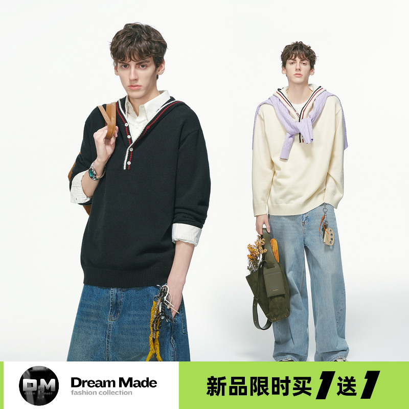 Dream made 人夫感条纹连帽毛衣男秋冬季松弛感男友风针织衫外套