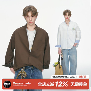 男春秋季 Dream 衬衫 老钱风亨利领格子白色长袖 休闲男生衬衣 made