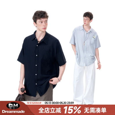 Dream made 美式慵懒风亚麻速干短袖衬衫男夏季休闲男生黑色衬衣