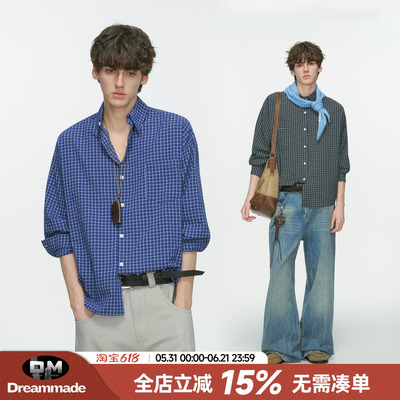 Dream made 美式高级感蓝色格子长袖衬衫男夏季薄款休闲男生衬衣