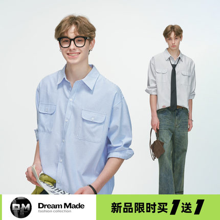 Dream made 美式竖条纹长袖衬衫男款春秋季休闲工装衬衣外套男生