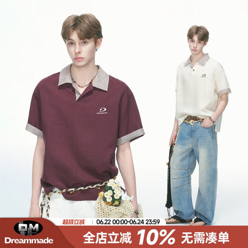 Dream made 天丝亚麻格子短袖POLO衫男款夏季薄款莱赛尔男生T恤