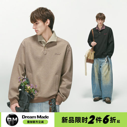 Dream made【7/26 20点新品限时2件6折】美式格纹拼接翻领卫衣男
