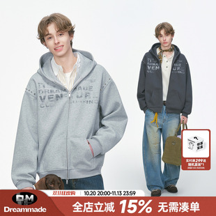 Dream made美式设计感铆钉开衫卫衣男春秋季重磅休闲男生连帽外套
