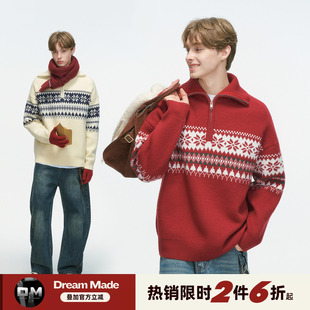 Dream made费尔岛红色半拉链毛衣男款秋冬季本命年高领情侣针织衫