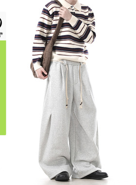Dream made美式通勤灰色卫裤男冬季加绒加厚宽松直筒阔腿男生裤子