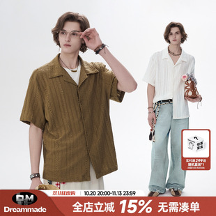 Dream made老钱风古巴领针织短袖衬衫男款夏季人夫感镂空男生衬衣