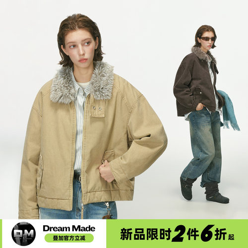 Dream made美式毛领座山雕外套男女款冬季加厚棉服双拉链工装棉衣