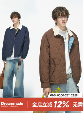 Dream made 美式巴恩风撞色菱形格棉服男款冬季加厚棕色棉衣外套