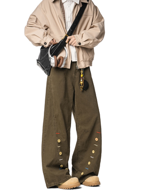 Dream made 美式复古纽扣休闲裤男款秋冬季直筒宽松棕色男生裤子