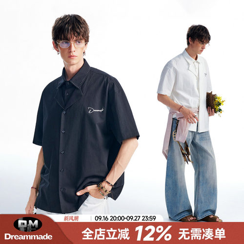 Dream made美式高智感假两件缝线刺绣短袖衬衫男夏季半袖宽松衬衣