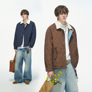 冬季 Dream 巴恩风撞色菱形格棉服男款 美式 加厚棕色棉衣外套 made