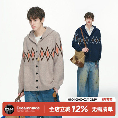 Dream made 费尔岛菱形格连帽毛衣男款冬季氛围感男生针织衫外套