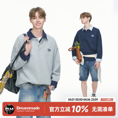 Dream made假两件撞色衬衫领polo衫刺绣卫衣男春季肌理感男生上衣