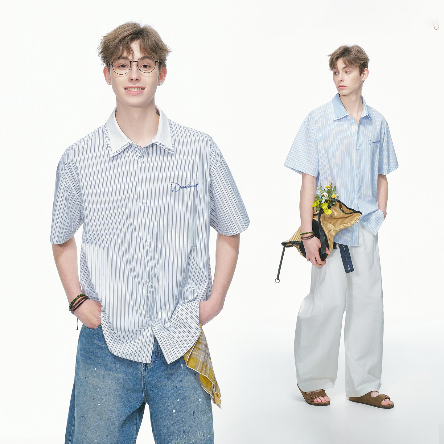 Dream made美式假两件条纹短袖衬衫男款夏季休闲情侣半袖男生衬衣										