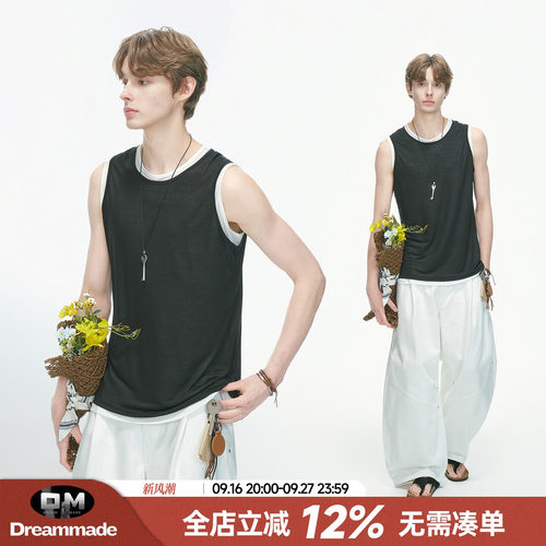 Dream made 100%莱赛尔天丝假两件背心男夏季透气运动健身无袖T恤