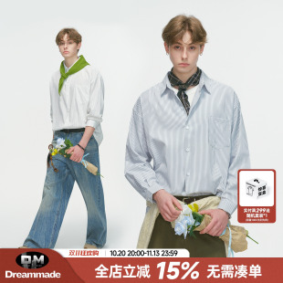 Dream made 美式通勤条纹白色衬衫男款秋季休闲内搭情侣长袖衬衣