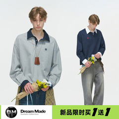 Dream made 美式撞色学院风POLO领卫衣男春秋季重磅长袖无帽上衣