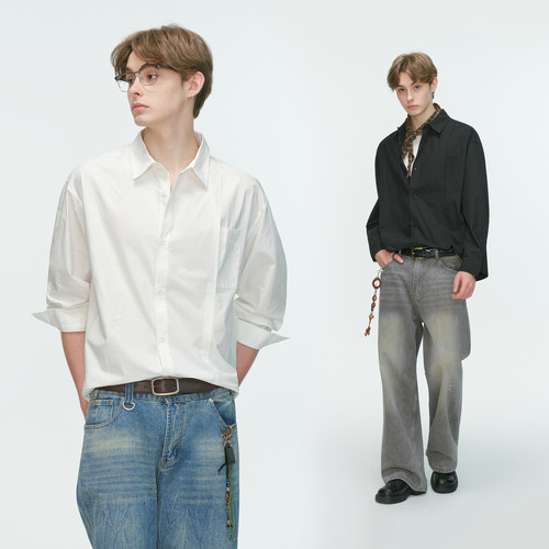 Dream made 美式cleanfit极简白色衬衫男春秋季休闲内搭通勤衬衣