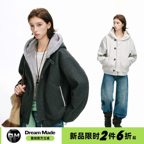 Dream made 美式仿兔毛连帽宽松棉衣情侣款冬季保暖棉服外套男女