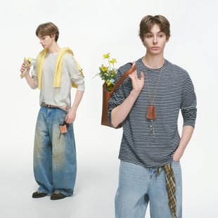 Dream made 美式通勤细条纹长袖T恤男款秋冬季休闲内搭打底衫上衣