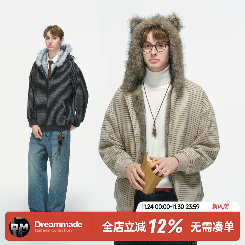 Dream made猫耳朵座山雕外套男冬季加绒加厚保暖情侣棉服条纹棉衣