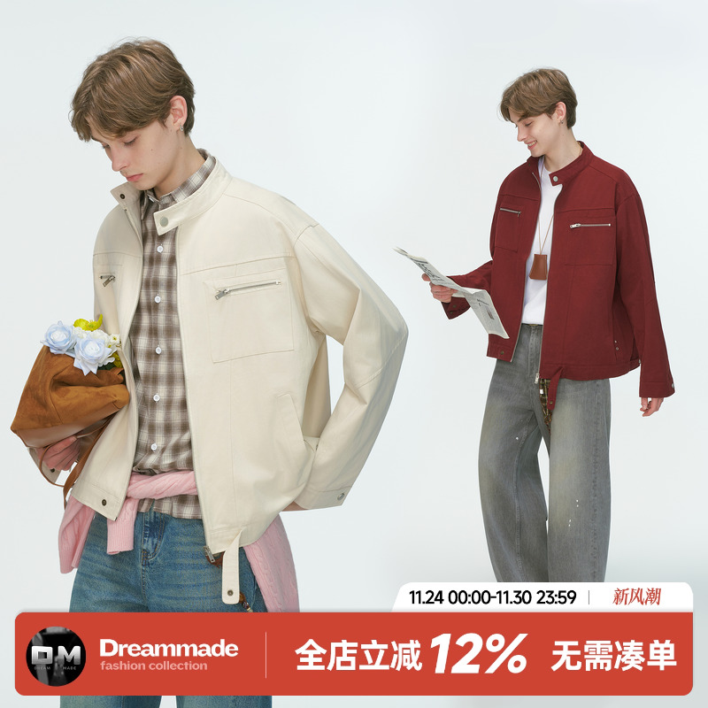 Dream made美式boxy短款工装夹克男春秋季水洗帆布哈灵顿立领外套