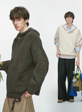 Dream made羊毛混纺连帽针织衫男款秋冬季慵懒风情侣套头男生毛衣