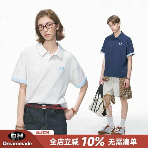 Dream made 高智感撞色条纹短袖polo衫男女款夏季美式休闲情侣T恤
