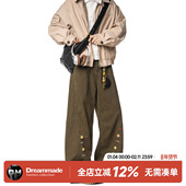 made 秋冬季 美式 Dream 复古纽扣休闲裤 男款 直筒宽松棕色男生裤 子