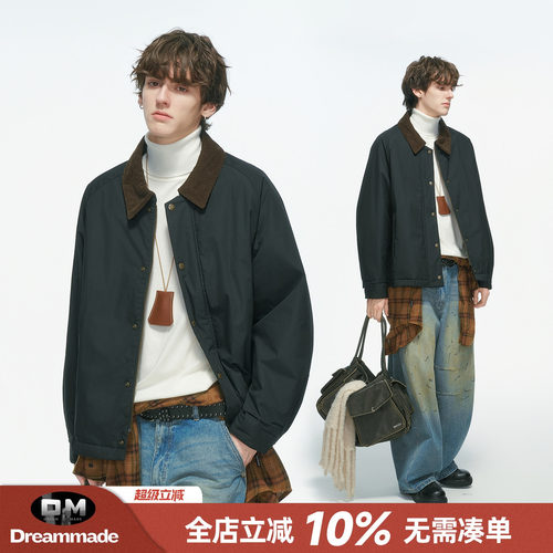 Dream made 巴恩风拼接格子翻领棉服男冬季加厚防水猎装棉衣外套