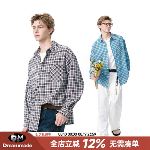 Dream made美式慵懒风格子长袖衬衫男春季休闲多巴胺情侣衬衣外套