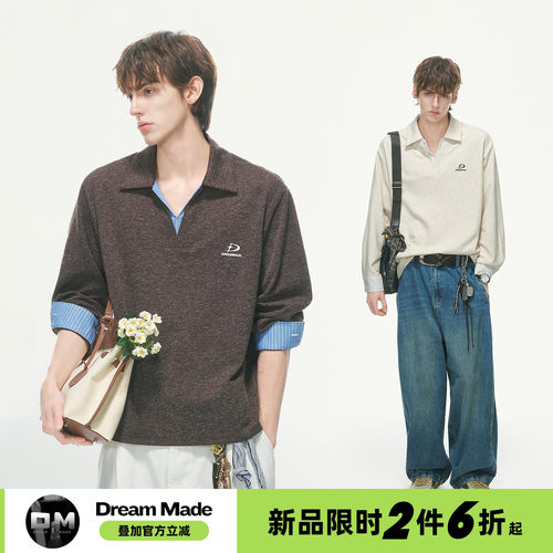 Dream made【7/17 20点新品限时2件6折】假两件v领polo衫卫衣男