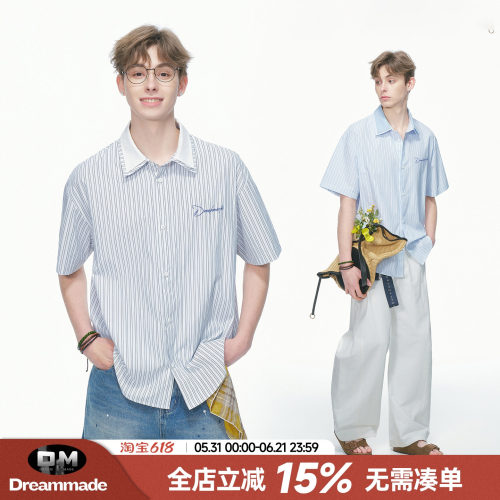 Dream made美式假两件条纹短袖衬衫男款夏季休闲情侣半袖男生衬衣