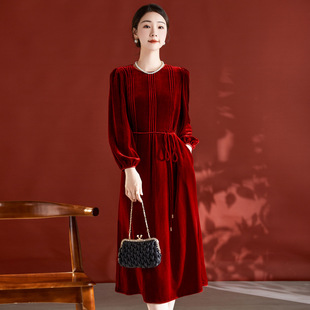 喜婆婆婚宴装秋冬装新款妈妈婚礼服高端订婚敬酒真丝绒连衣裙