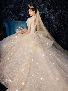 星空婚纱2021新款 新娘森系礼服立领显瘦简约大气超仙梦幻公主拖尾