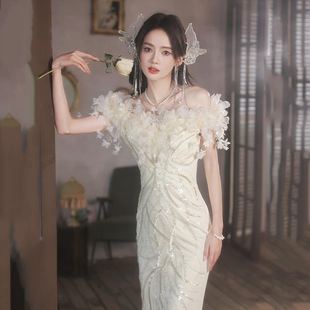 超仙晚礼服裙轻奢小众风范2024新款 一字肩鱼尾宴会气质跨境感白色