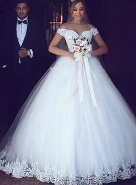 欧洲站白色婚纱中东跨境蕾丝贴花舞会一字肩新娘礼服中腰绑带