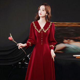 敬酒服新娘回门便装春夏酒红色长袖平时可穿订婚结婚小晚礼服裙女
