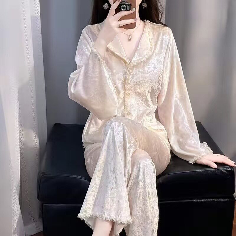 睡衣女仙女风金钻绒长袖套装蕾丝开衫家居服可外穿加厚保暖半边绒图片