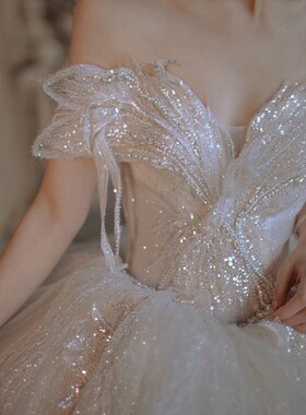 LIXXIANG《仙境》202021新款法式婚纱主纱礼服新娘公主拖尾一字肩