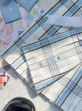 川野栗【缘为冰】蓝白色格裙原创jk学生格裙百褶裙学院短裙半身裙