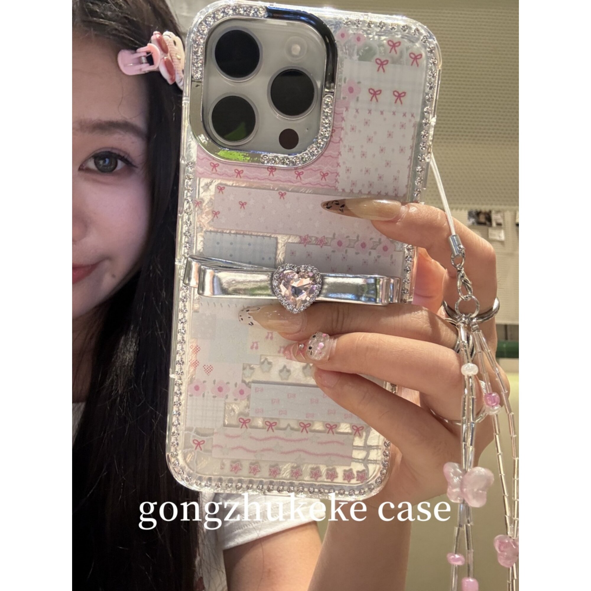 公主壳壳 少女立体粉钻爱心蝴蝶结适用于苹果16/15promax/iPhone14pro手机壳13超仙轻奢风镭射羽纱保护套