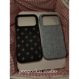 14全包防摔13保护套 iPhone15pro手机壳女款 PooPookai高级感半包皮质闪钻花朵适用于苹果16 17promax