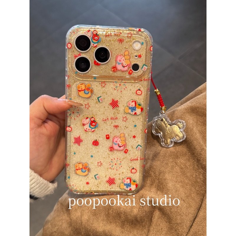 PooPookai新年款金色闪粉亮片小马适用于苹果16/17promax/iPhone15pro手机壳女款14全包防摔13保护套,3C数码配件,手机保护套/壳,淘宝优惠券,粉丝福利购,淘宝优惠卷